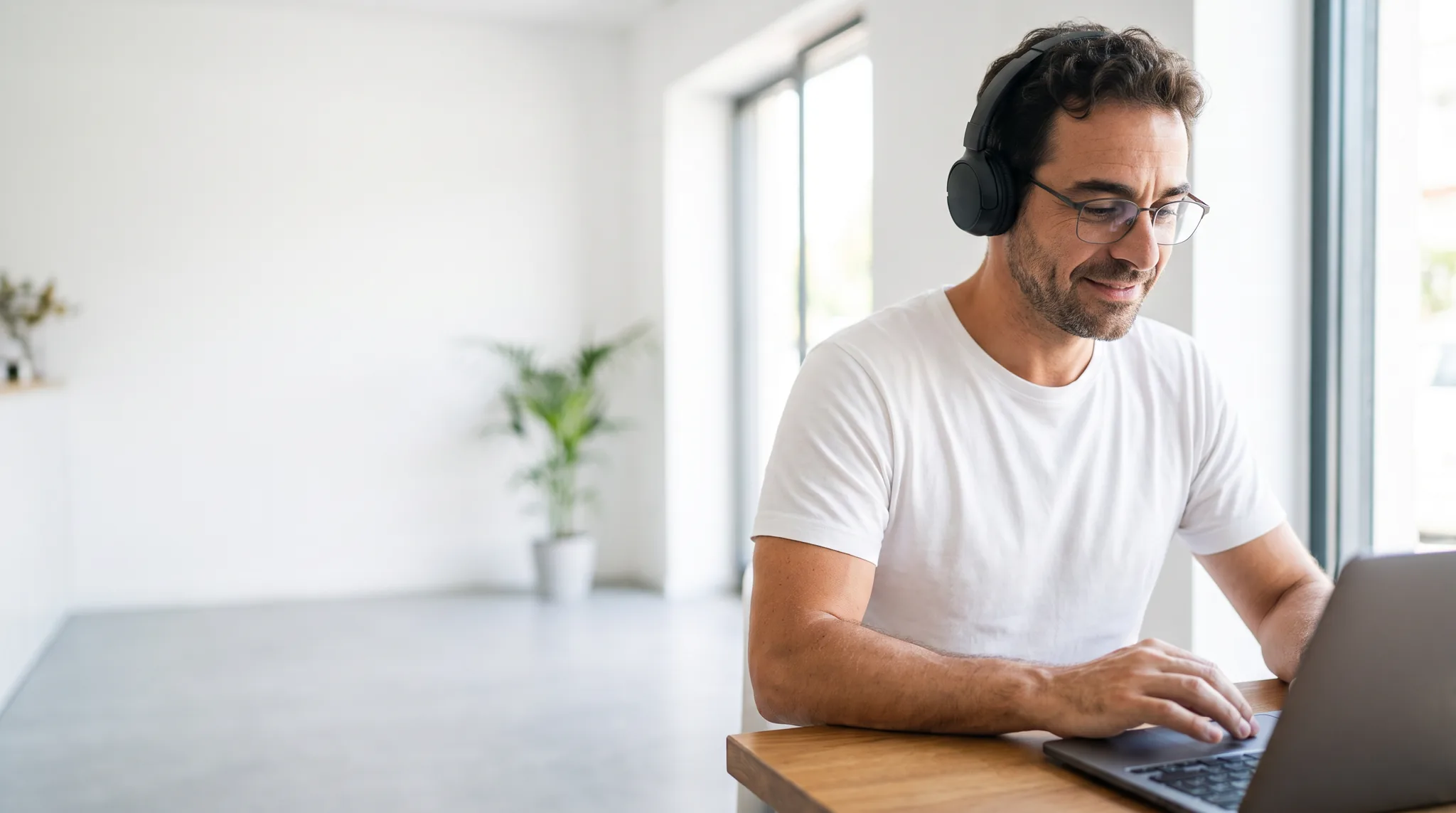 Empresário de fones de ouvido acompanhando as campanhas no notebook, numa sala clara